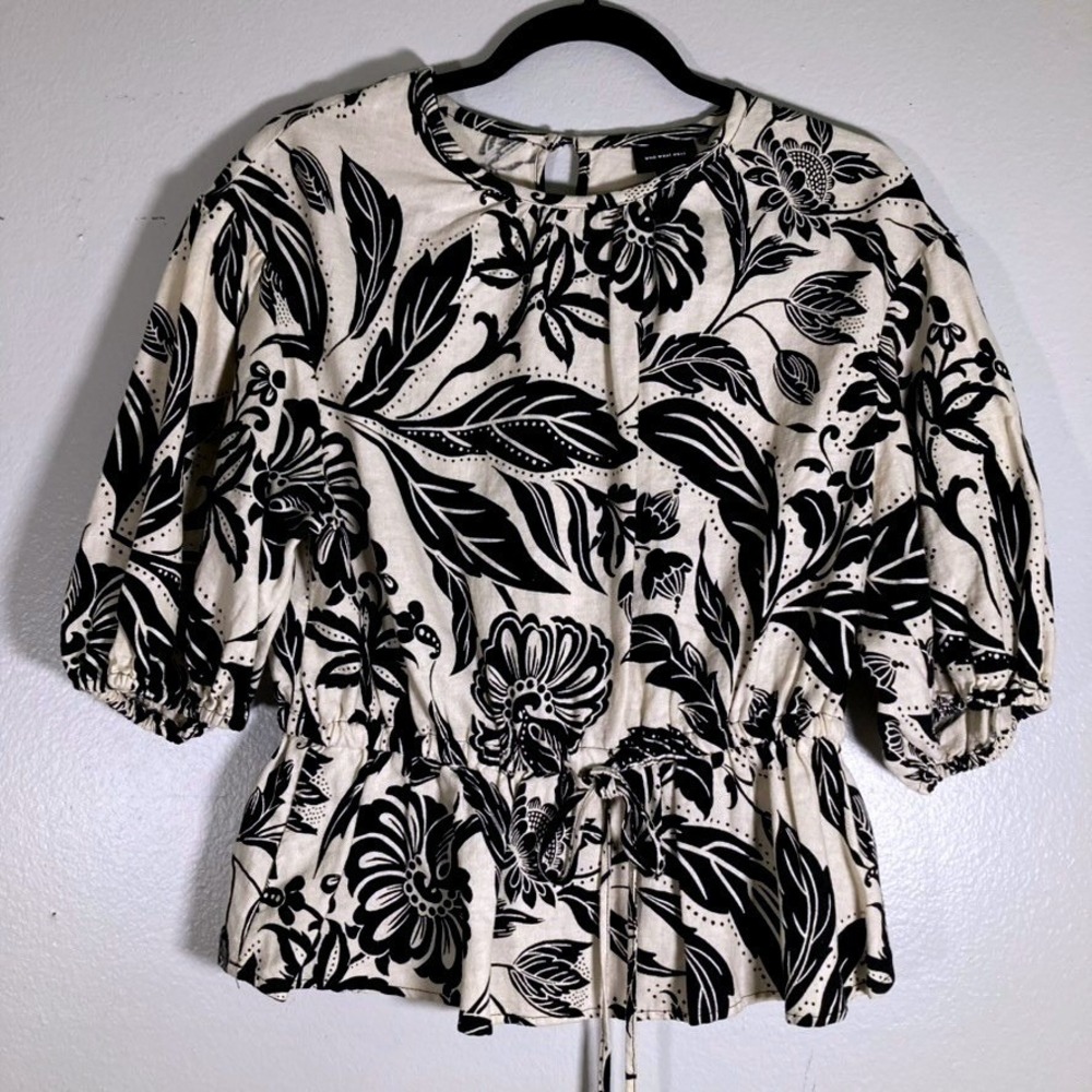 Who What Wear Women S Floral Peplum Blouse Black White Linen Blend Puff Sleeve S